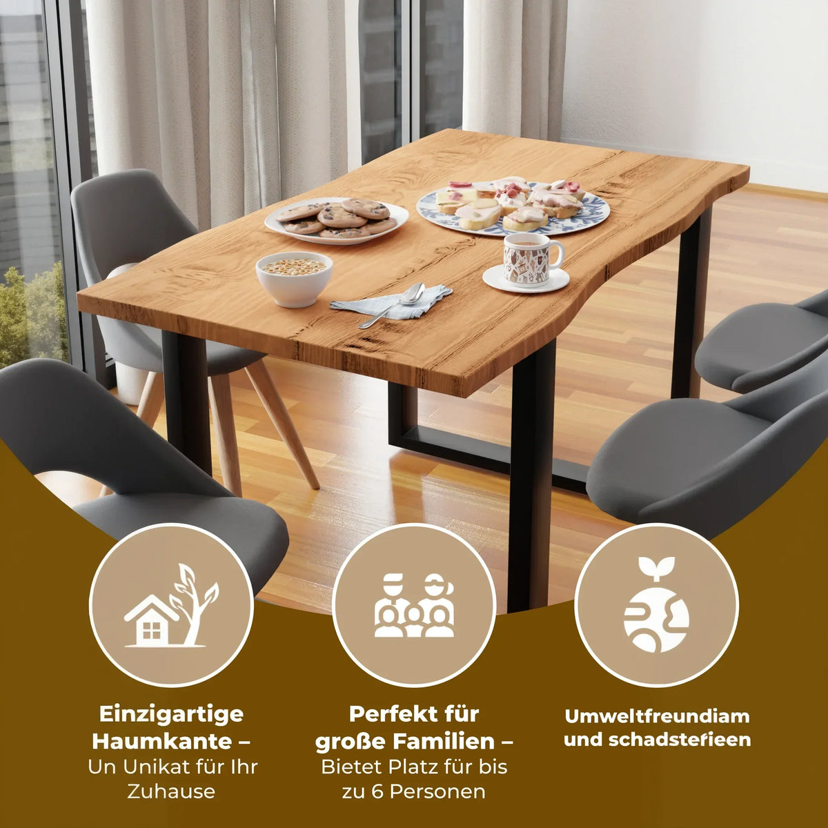 Baumkantentisch Massivholz Akazie – U-Gestell | 80–260 cm