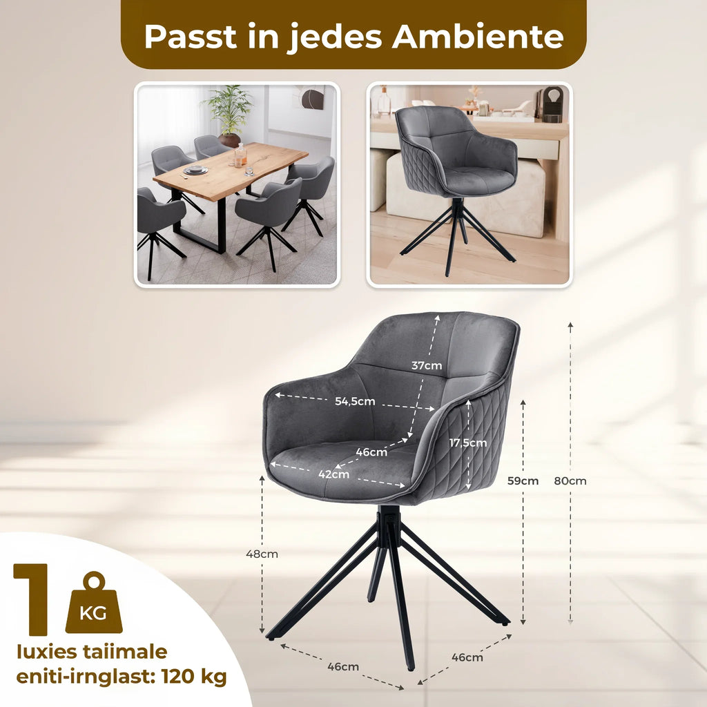 Esszimmerstuhl Dunkelgrau 360° Drehbar – Samt | 2er, 4er & 6er Set