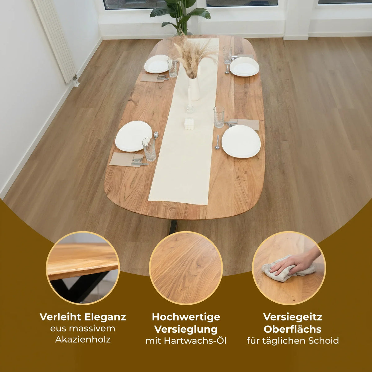 Esszimmertisch Oval Massivholz Akazie – Spider-Gestell | 160–220 cm
