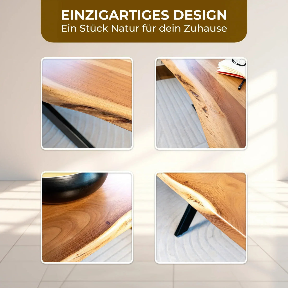 Baumkantentisch Massivholz Akazie – U-Gestell | 80–260 cm