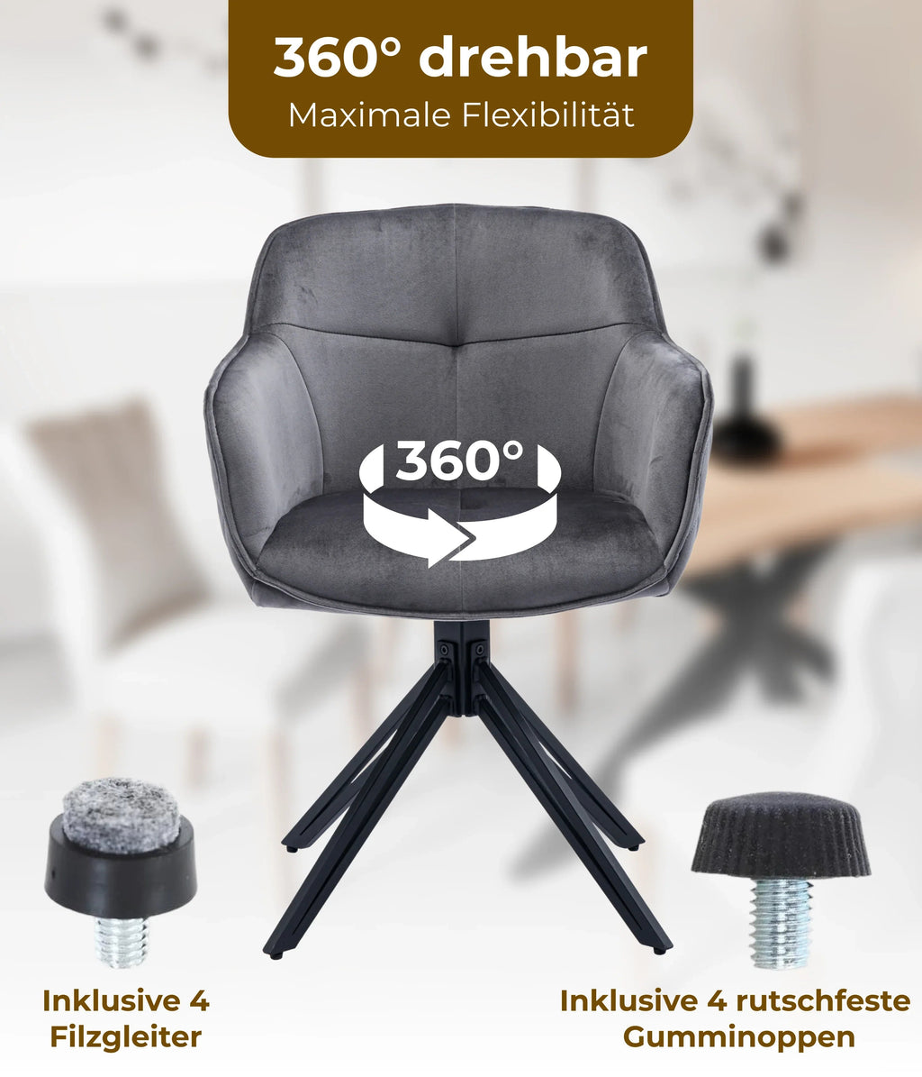 Esszimmerstuhl Dunkelgrau 360° Drehbar – Samt | 2er, 4er & 6er Set