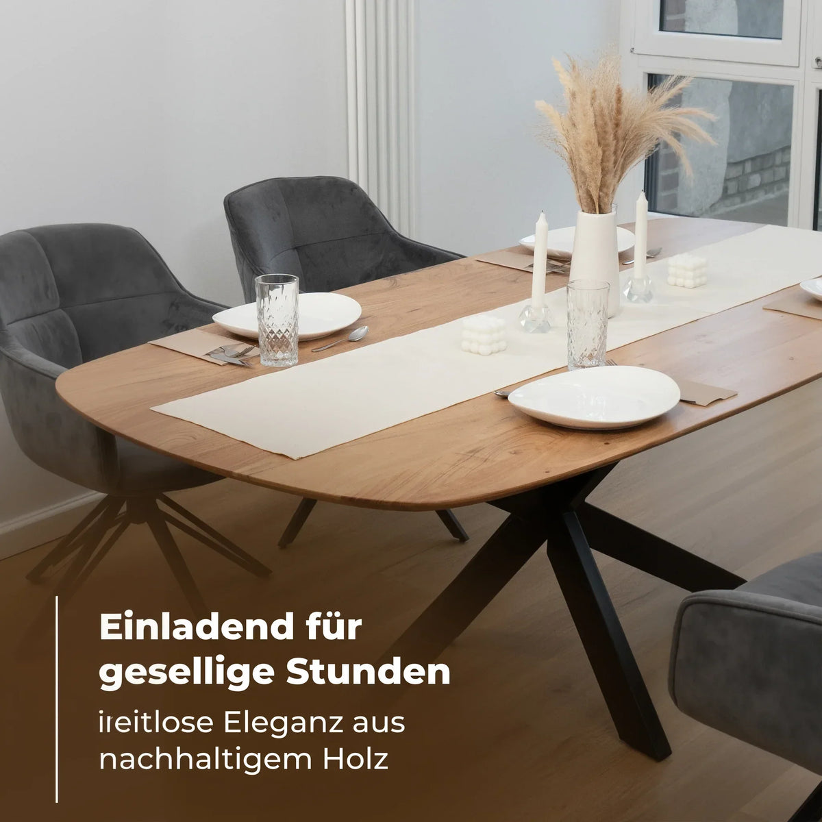 Esszimmertisch Oval Massivholz Akazie – Spider-Gestell | 160–220 cm