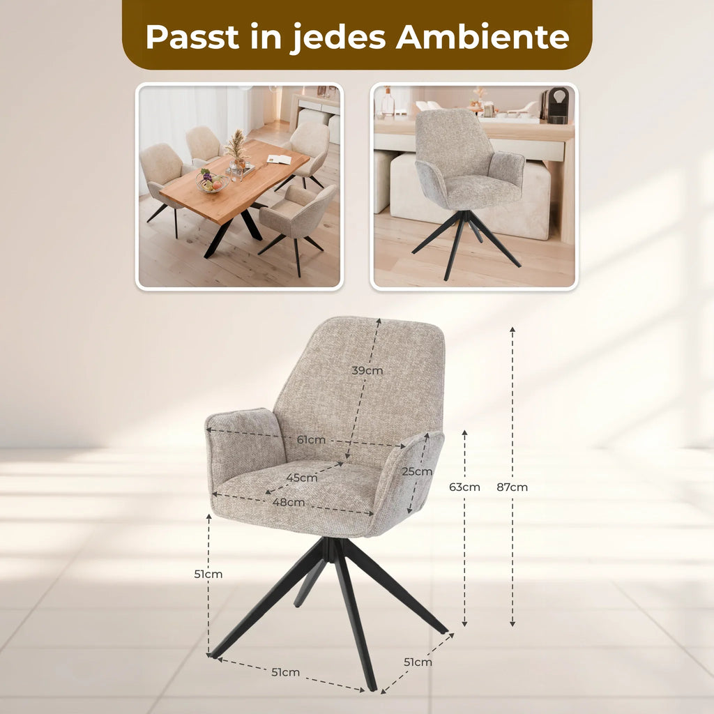 Esszimmerstuhl Beige 360° Drehbar – Chenille | 2er, 4er & 6er Set