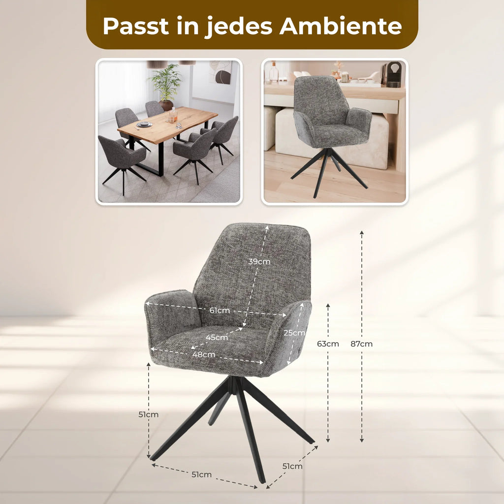 Esszimmerstuhl Dunkelgrau 360° Drehbar – Chenille | 2er, 4er & 6er Set