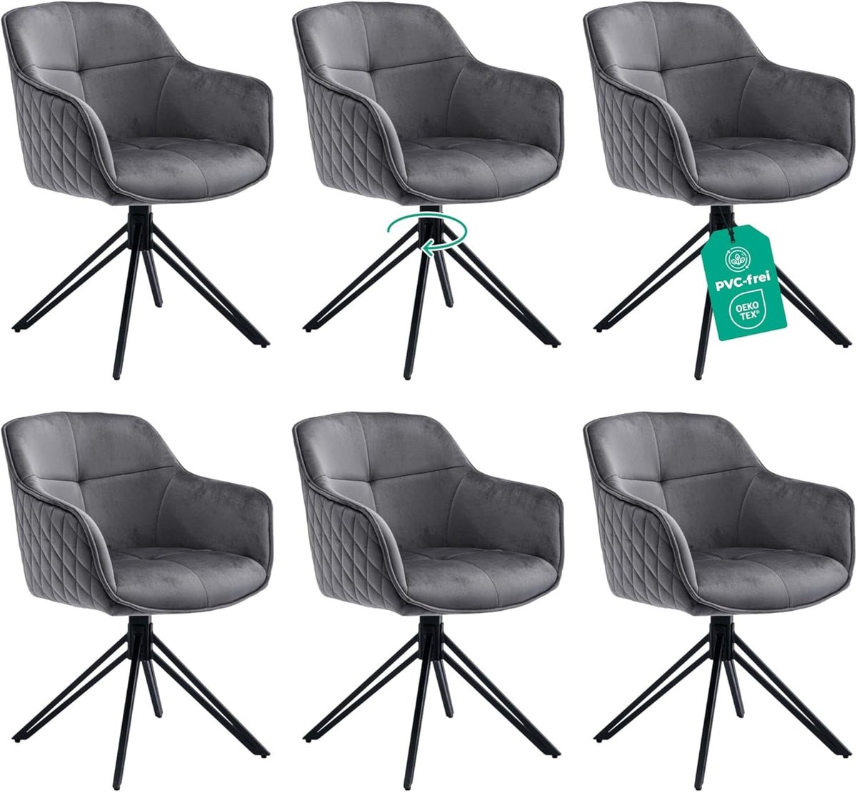 Esszimmerstuhl Dunkelgrau 360° Drehbar – Samt | 2er, 4er & 6er Set